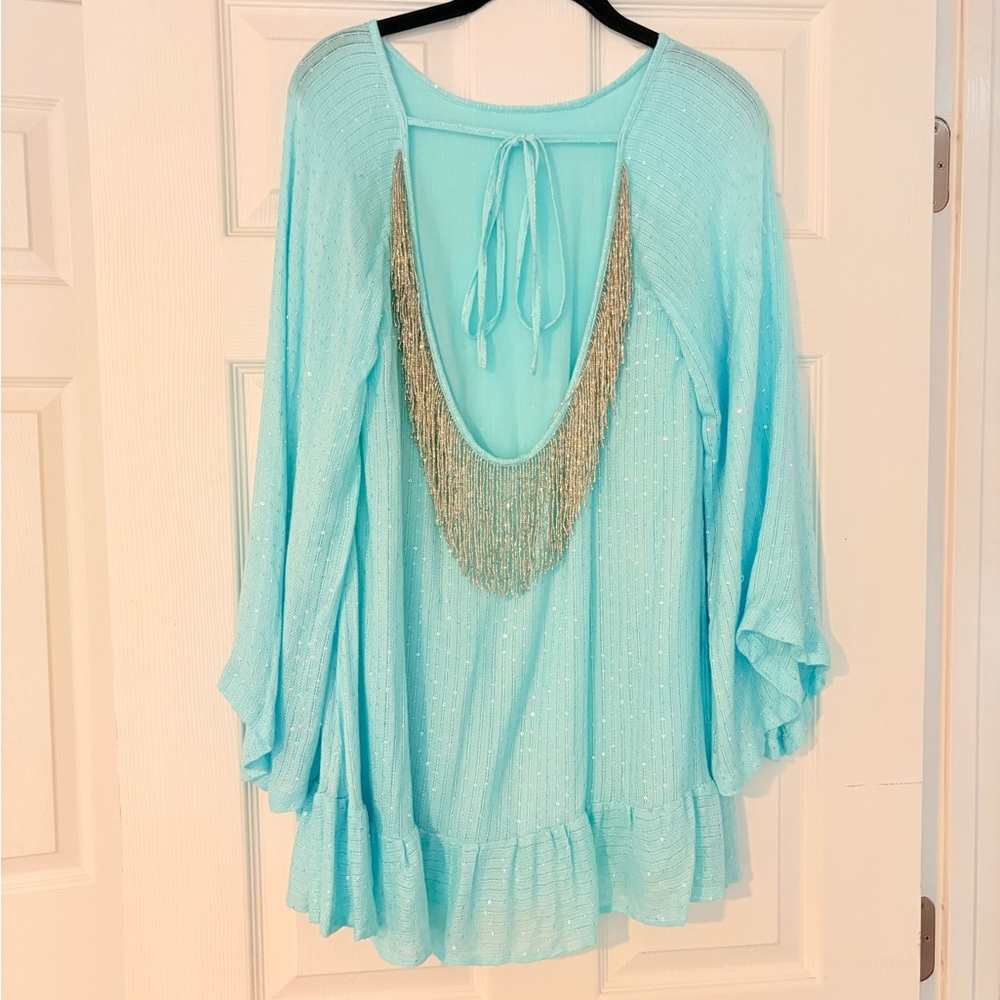 Elegant Aqua Women's Top with Fringe Detail